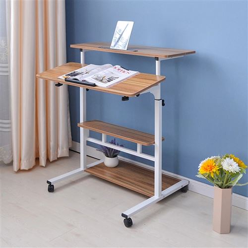 Table d'ordinateur Insma portable réglable en hauteur 85-120cm marron avec roue