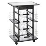 Chariot de service desserte de cuisine à roulettes multi-rangements 4 paniers métal tiroir + 4 range-bouteilles bois pin noir plateau carrelé blanc
