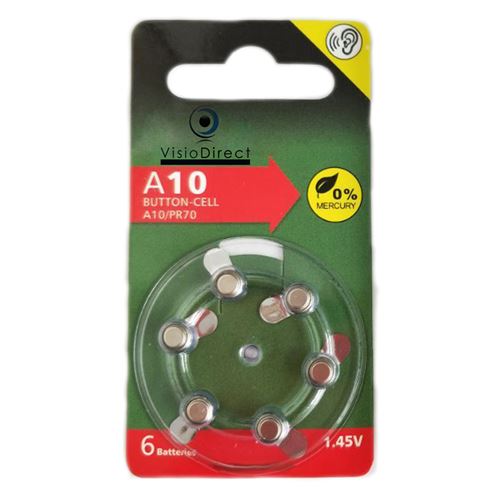 Lot de 6 Piles bouton Zinc Air Type A10/10 pour appareils auditifs compatibles PR70 1,45V - Visiodirect -