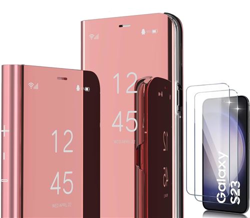 Coque Folio Rabat Miroir Pour Samsung Galaxy S23 Couleur Rose + 2 Verres Trempe Protection Ecran Little Boutik©