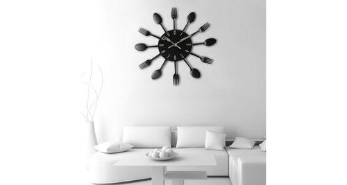 Design moderne iver coutellerie ustensile de cuisine horloge murale cuillère fourchette horloge - noir
