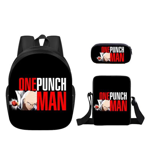 Lot de 3 pièces Sac à Dos, Trousse à crayons, Sac à Bandoulière One Punch Man pour Enfants (SD1571) Noir