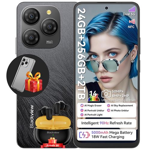 Blackview Shark 9 Smartphone 5G Téléphone Portable Android 6.67 24Go+256Go 5000mAh 50MP NFC Noir avec Blackview Airbuds 30