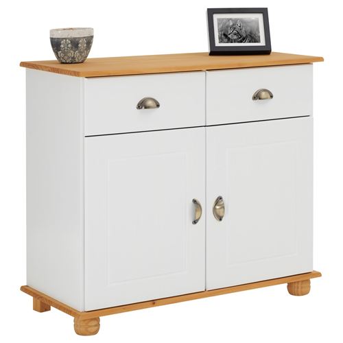 Buffet COLMAR commode bahut vaisselier meuble bas rangement avec 2 tiroirs et 2 portes, en pin massif lasuré blanc et brun