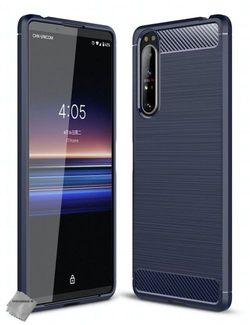 Coque silicone gel carbone pour Sony Xperia 1 II avec verre trempe - BLEU FONCE