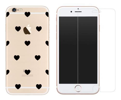 Novago Compatible Compatible avec iPhone 6 , iPhone 6S , Combo 1 Verre trempé + 1 Coque Gel imprimée Fantaisie et Solide - Petits Cœurs noirs