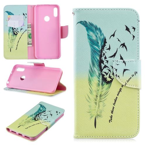 Etui en PU flip stand motif imprimé motif de plumes pour votre Huawei Y6 (2019)/Y6 Pro (2019)/Y6 Prime (2019)