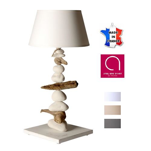 Lampe de chevet bord de mer en bois et galets - Personnalisable - Fabriqué à la main en France 50 cm - Blanc avec personnalisation - 24