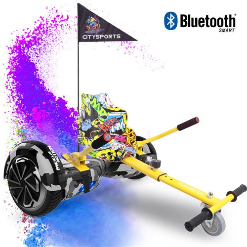Mega Motion Pack de Hoverboard 6.5 Pouces Camouflage et hoverkart hip,Gyropode, Skateboard électrique Bluetooth Robuste
