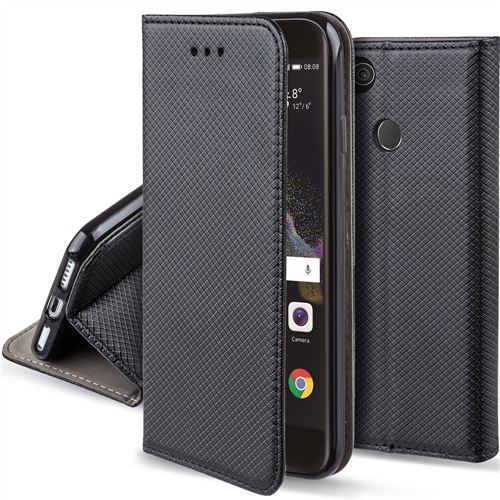 Moozy Coque a Rabat pour Huawei P8 Lite 2017, Noir - Housse Étui Fin Smart magnétique avec Stand Pliant
