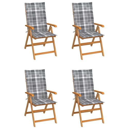 VidaXL Chaises de jardin 4 pcs avec coussins à carreaux gris Teck