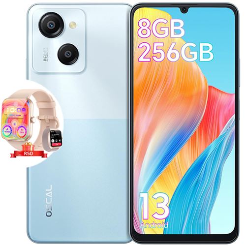 Oscal MODERN 8 Smartphone Débloqué 16Go+256Go 6.52 50MP+8MP 6000mAh Android 13 Bleu avec Montre Connectée R50 Rose