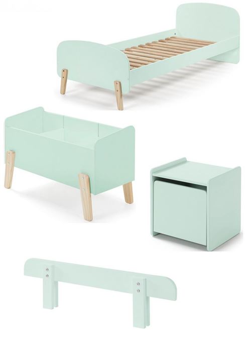 KIDDY Menthe Lit simple + Chevet + Barri&egrave;re de lit + coffre &agrave; jouets