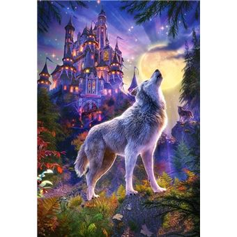 Puzzle adulte l appel du loup au clair de lune et le chateau - 1000 pieces - collection paysage animaux sauvages - 1