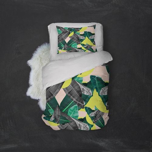 HOMEMANIA Pack oreiller et couette Leaf 1 - Vert, jaune, gris - 155 x 210 cm