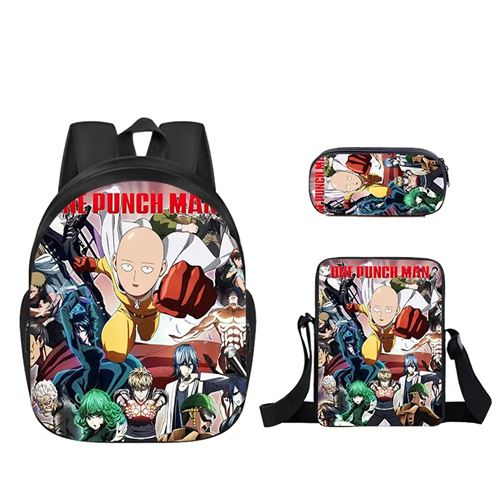 Lot de 3 pièces Sac à Dos, Trousse à crayons, Sac à Bandoulière One Punch Man pour Enfants (SD1573) Multicolore