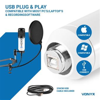 Vonyx CMS320W - Microphone studio USB avec bras articulé réglable et filtre  anti-pop - Blanc, micro professionnel USB - Cdiscount TV Son Photo