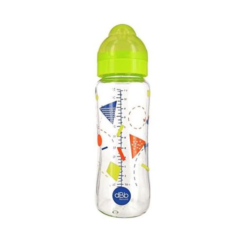 dbb remond biberon lo 'géométrie » verre 330 ml tétine silicone 4 mois + / - system vert translucide - s/bte