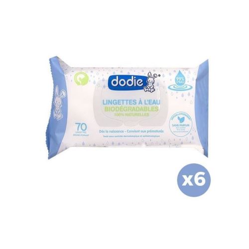 DODIE Lot de 6 paquets de lingettes biodégradables - Eau - Bébé mixte