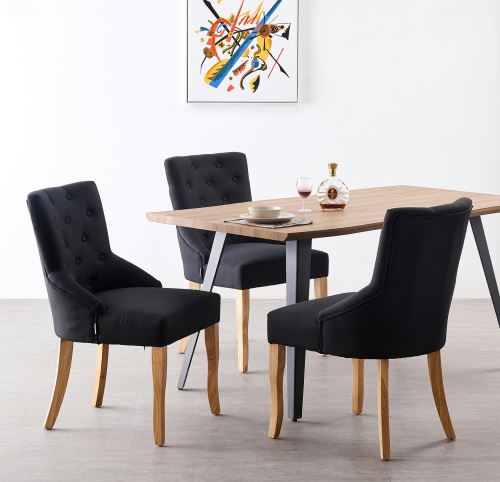 KENSINGTON Lot de 4 Chaises Capitonnées en Tissu Noir Pieds en Bois Design & Classique Salle à Manger, Salon ou Chambre KENSINGTON Lot de 4 Chaises Capitonnées en Tissu Noir Pieds en Bois Design & Classique Salle à Manger, Salon ou Chambre