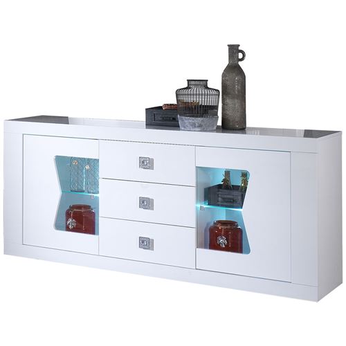 NEVADA BLANC - Buffet 2 Portes 3 Tiroirs avec Led