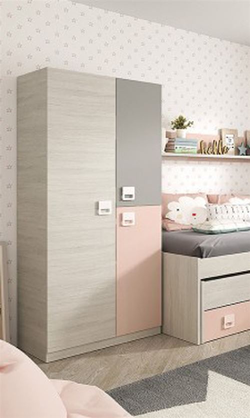 Armoire enfant avec 2 portes coloris blanc alpes / rose - 200 x 90 x 52 cm -PEGANE-