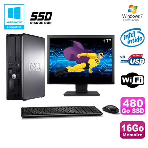 Pc dell optiplex 780 dt intel e5200 2,5ghz 16go 480go ssd wifi w7 ecran 17'