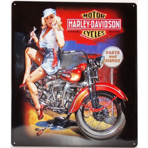 plaque métal 38x33cm pin up mécano et sa moto Harley Davidson