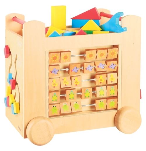 Grand chariot multi activite sur roulettes en bois 39 x 35 x 27 cm (lxlxh) - cube de marche - jouet bebe