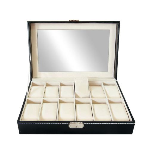 Todeco - Kijkdoos, Horloge en armband opbergkoffer, 12 horloges en display, Zwart, Grootte: 30 x 20 x 8 cm