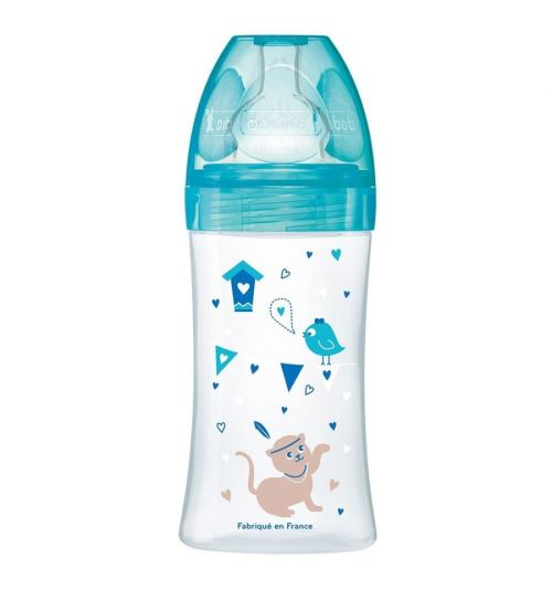 Dodie biberon sensation+ 270ml lagoon chat 0-6 mois tétine plate débit 2