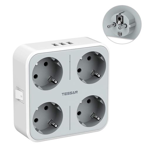 Prises, multiprises et accessoires électriques Tessan Prise Electrique  Murale 3 Prises et 3 Ports USB A,Gris