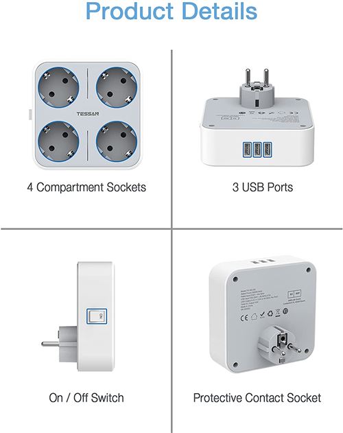 Prises, multiprises et accessoires électriques Tessan Multiprise Electrique  4 Prises und 3 Ports USB,Interrupteur,2M,Gris