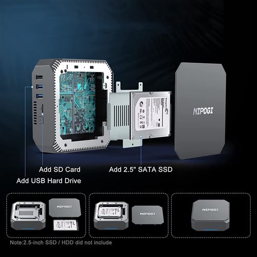 Mini PC Intel Alder Lake-N100(jusqu'à 3,4 GHz) NiPoGi AK1 Plus 16Go DDR4  512Go M.2 NVMe SSD, Mini Ordinateur de Bureau,Mini Tour PC 4K UHD/HDMI  2.0/LAN/Dual-Band WiFi 6/BT 5.2/VESA pour Bureau,Étude : 