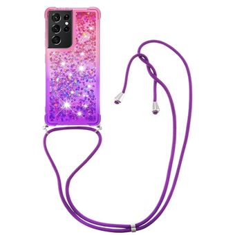 Coque pour Samsung Galaxy S21 Ultra 5G FOXDOCK Liquide à Paillettes Bling Cristaux Transparent avec Cordon Réglable Collier - Rose Violet - 1