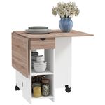 Table à manger pliable extensible 4 personnes - 2 abattants, 2 étagères, tiroir, roulettes - blanc aspect chêne clair