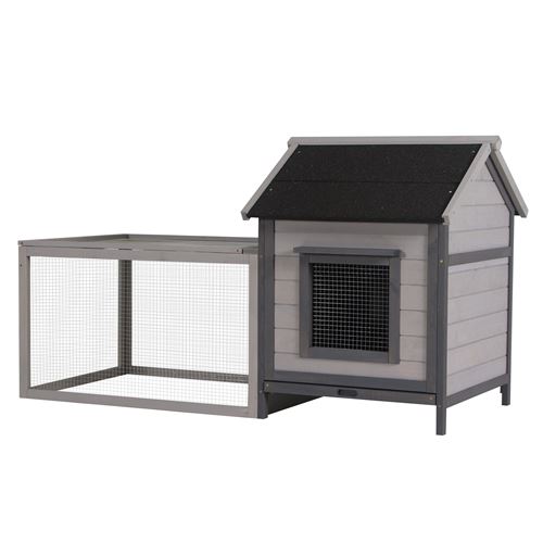 Clapier cage à lapin cottage - niche avec rampe, porte, fenêtres, plateau excrément amovible - toit enclos ouvrant - bois sapin gris