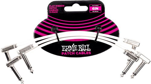Ernie Ball 6385 - Câbles Instrument patch pack de 3 - coudé fin et plat - 15 cm - blanc
