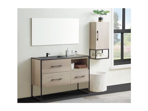 Ensemble salle de bain SELANE - meuble sous vasque + vasque + miroir + colonne - effet bois