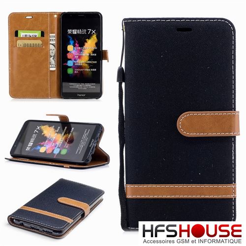 Huawei honor 7x portefeuille noir coque housse etui en cuir pu