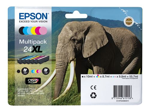 Epson 24XL Multipack - Pack de 6 - 55.7 ml - XL - noir jaune cyan magenta magenta clair cyan clair - original - blister - cartouche d'encre - pour Expression Photo XP-55 750 760 850 860 950 960 970; Expression Premium XP-750 850 - Jusqu'à