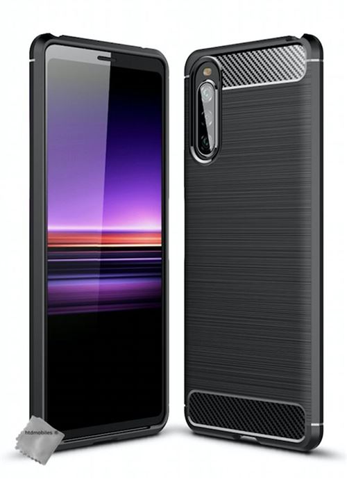 Coque silicone gel carbone pour Sony Xperia 10 II avec verre trempe - NOIR
