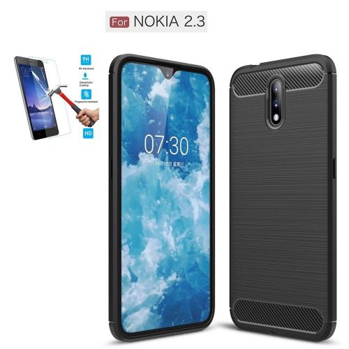 Coque Nokia 2.3 Carbone Noir Avec Film Verre Trempé Housse Etui En Silicone Gel Souple hfs-house®