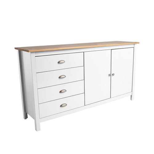 Buffet 2 portes 4 tiroirs Blanc et Bois - EMIE
