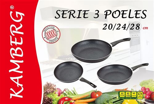 3 poêles 20/24/28 cm marbrées, manches fixes, kamberg