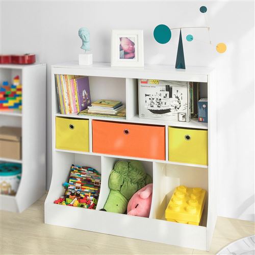 Bibliothèque Meuble de Rangement pour Livres et Jouets Étagère pour Enfants avec 5 Compartiments et 3 Paniers,SoBuy® KMB26-W