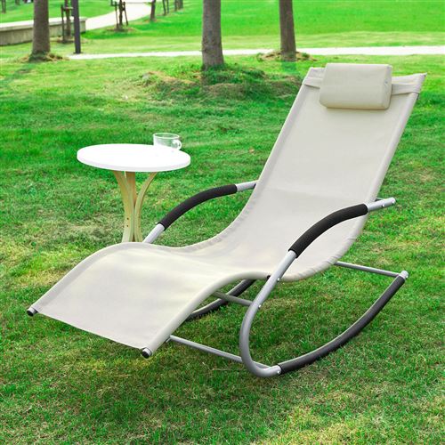 Fauteuil à bascule Chaise longue Transat de jardin avec repose-pieds et 1 pochette latérale, Bain de soleil Rocking Chair - Crème SoBuy® OGS28-MI
