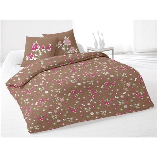 Soleil d'ocre - Housse de couette et 2 taies d'oreiller Léa Taupe - 220 x 240 - 100% Coton