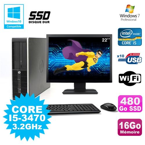 Pc hp elite 8300 sff i5-3470 3.2ghz 16go 480go ssd graveur wifi w7+ ecran 22