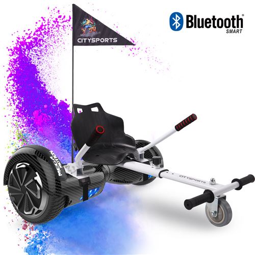 Mega Motion Pack de Hoverboard 6.5 Pouces noir carbonne et hoverkart blanc,Gyropode, Skateboard électrique Bluetooth Robuste